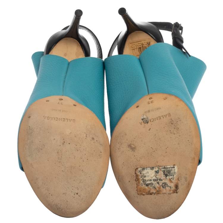 Pre Owned Balenciaga Blue Leather Glove Open Toe Slingback Sandals Size 37