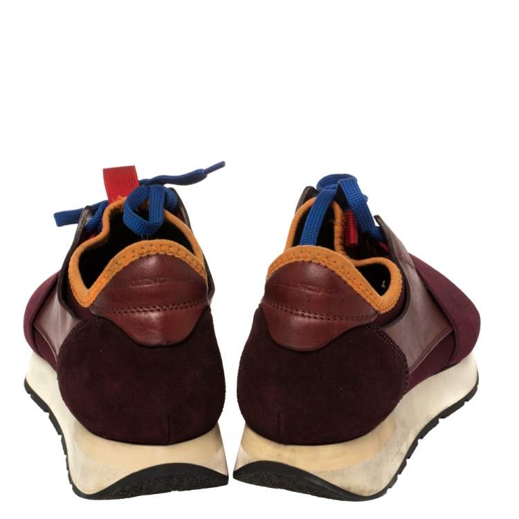 Pre Owned Balenciaga Burgundy Leather, Mesh and Neoprene Race Runner Sneakers Size 36