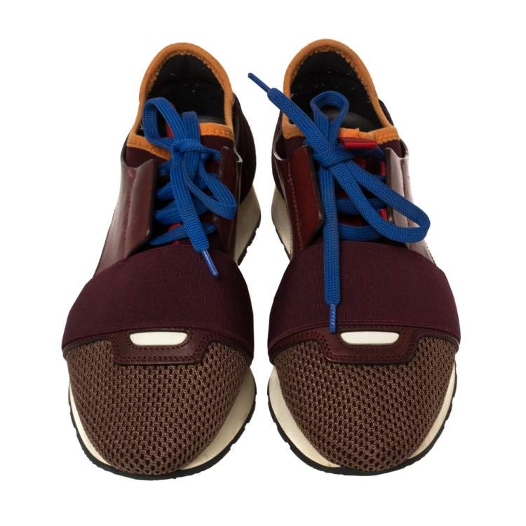 Pre Owned Balenciaga Burgundy Leather, Mesh and Neoprene Race Runner Sneakers Size 36