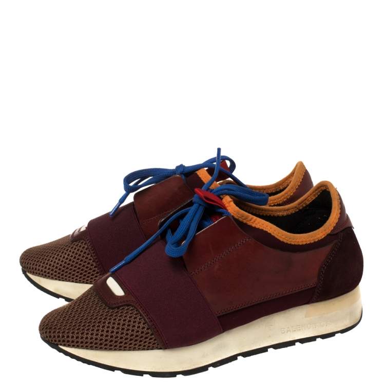 Pre Owned Balenciaga Burgundy Leather, Mesh and Neoprene Race Runner Sneakers Size 36