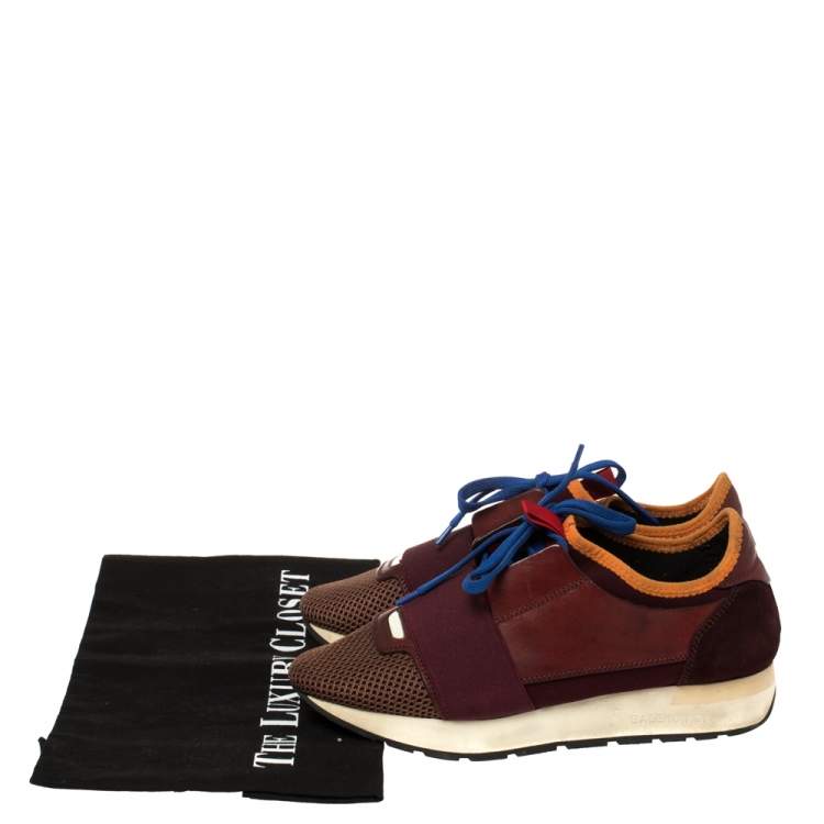 Pre Owned Balenciaga Burgundy Leather, Mesh and Neoprene Race Runner Sneakers Size 36