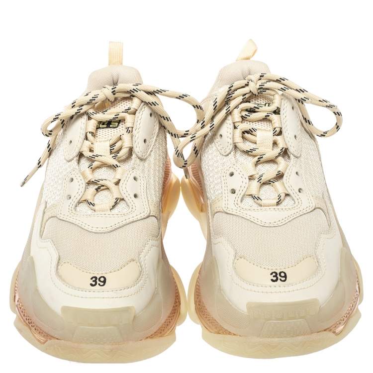 Pre Owned Balenciaga Off White Mesh And Leather Triple S Clear Sole Low Top Sneakers Size 39