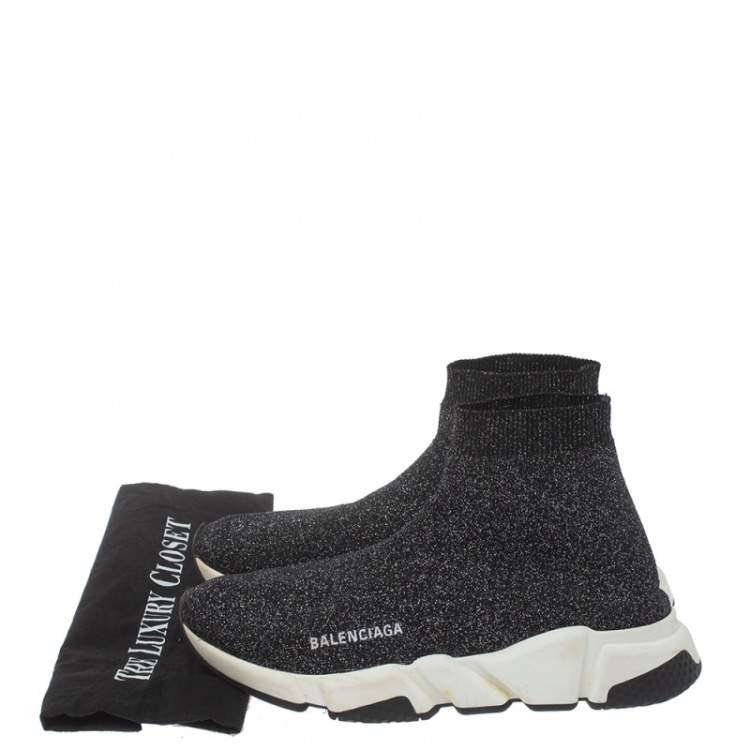 Pre Owned Balenciaga Black/Silver Glitter Knit Fabric Speed Trainer Sneakers Size 40