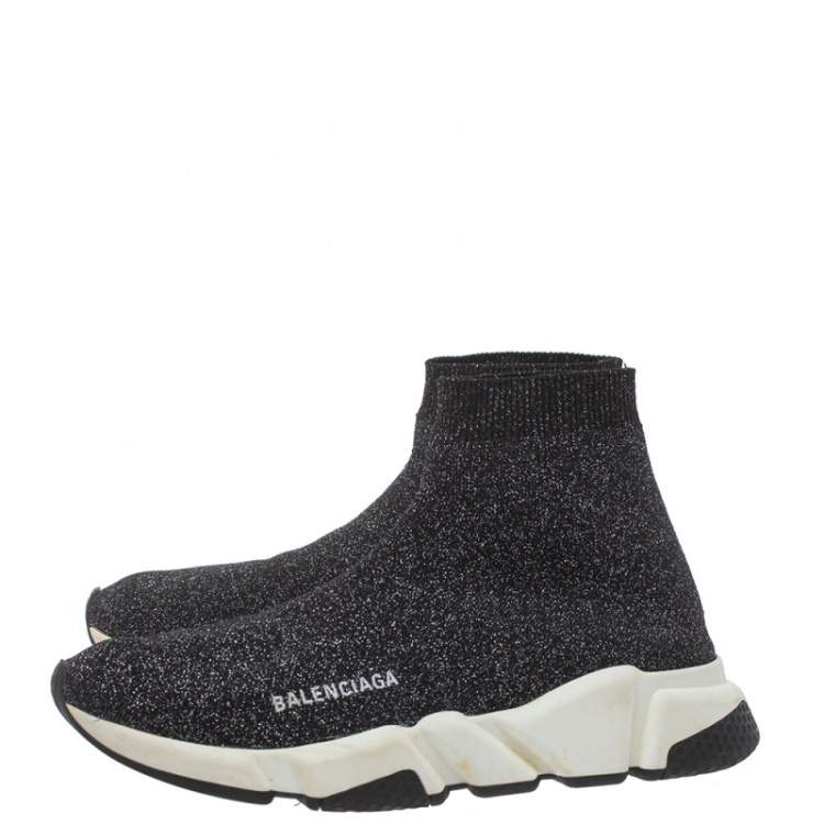 Pre Owned Balenciaga Black/Silver Glitter Knit Fabric Speed Trainer Sneakers Size 40