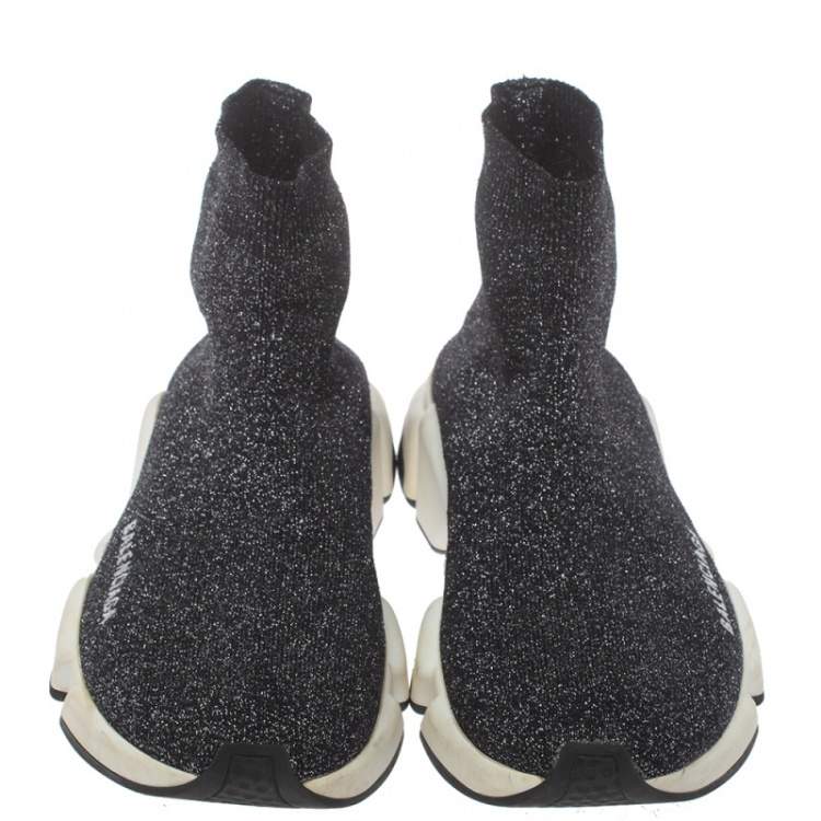 Pre Owned Balenciaga Black/Silver Glitter Knit Fabric Speed Trainer Sneakers Size 40