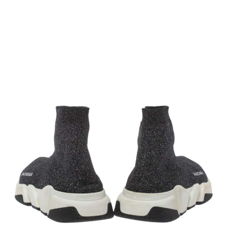 Pre Owned Balenciaga Black/Silver Glitter Knit Fabric Speed Trainer Sneakers Size 40