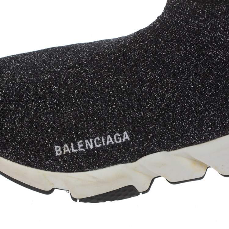 Pre Owned Balenciaga Black/Silver Glitter Knit Fabric Speed Trainer Sneakers Size 40