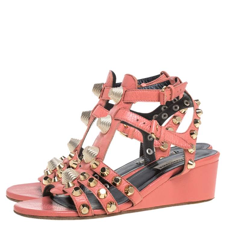 Pre Owned Balenciaga Pink Leather Arena Studded Gladiator Wedge Sandals Size 37