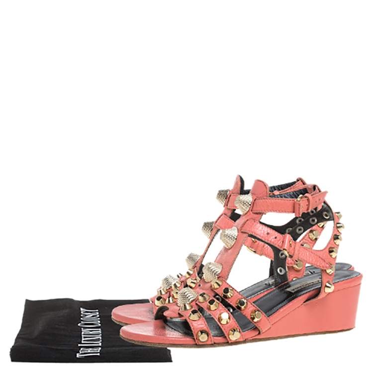 Pre Owned Balenciaga Pink Leather Arena Studded Gladiator Wedge Sandals Size 37