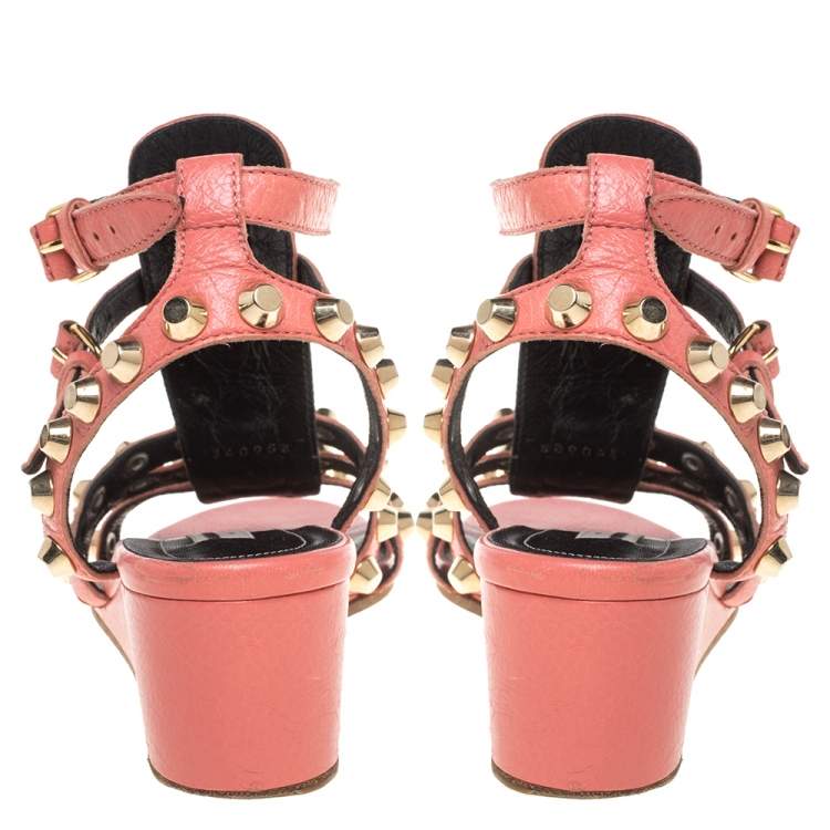 Pre Owned Balenciaga Pink Leather Arena Studded Gladiator Wedge Sandals Size 37