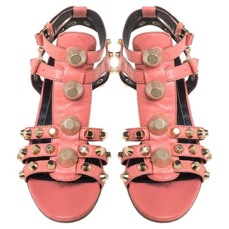 Pre Owned Balenciaga Pink Leather Arena Studded Gladiator Wedge Sandals Size 37