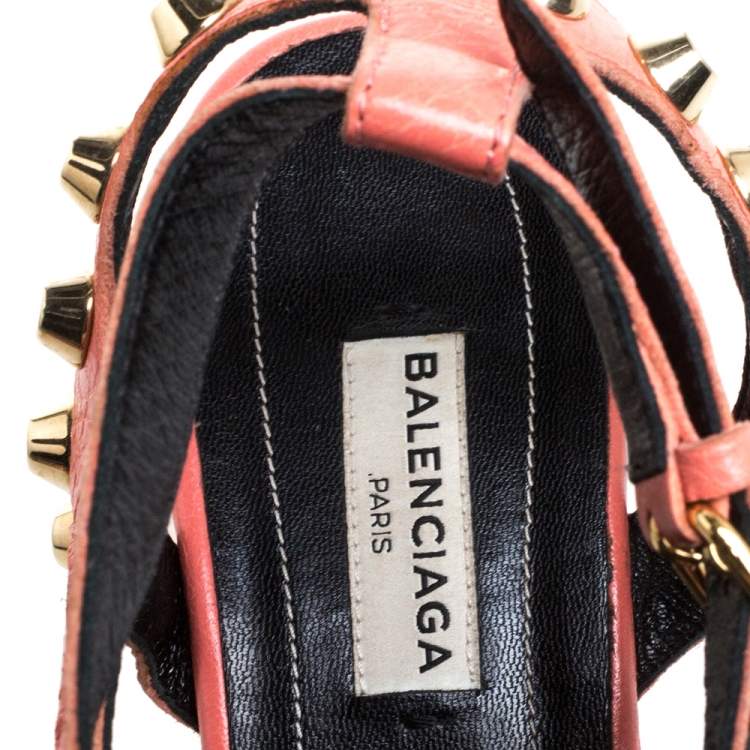 Pre Owned Balenciaga Pink Leather Arena Studded Gladiator Wedge Sandals Size 37