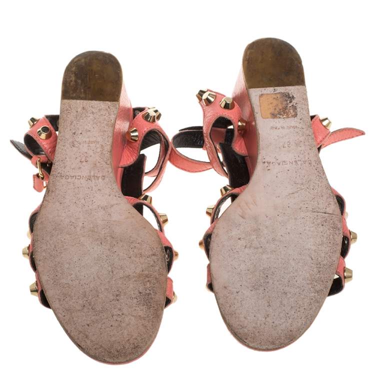 Pre Owned Balenciaga Pink Leather Arena Studded Gladiator Wedge Sandals Size 37