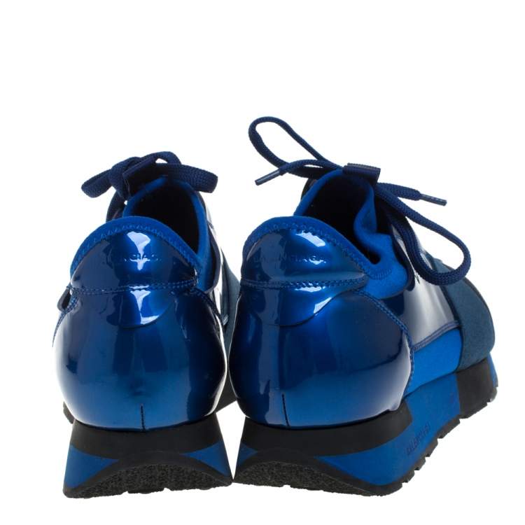 Pre Owned Balenciaga Blue Fabric And Patent Leather Race Runner Sneakers Size 39