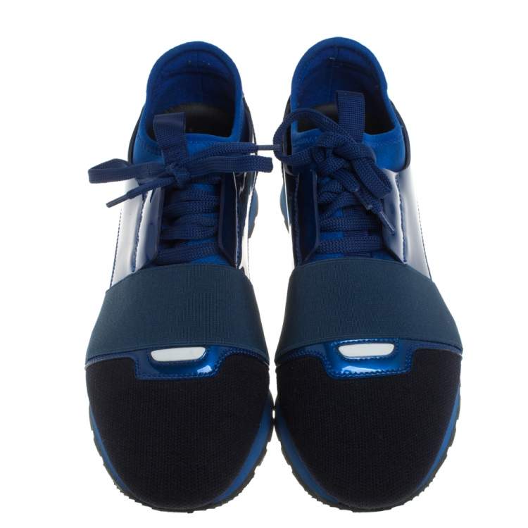 Pre Owned Balenciaga Blue Fabric And Patent Leather Race Runner Sneakers Size 39