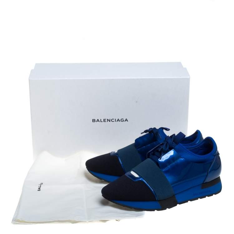 Pre Owned Balenciaga Blue Fabric And Patent Leather Race Runner Sneakers Size 39