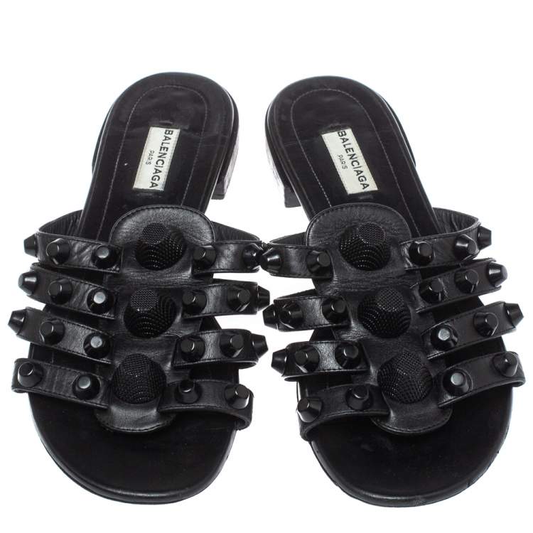 Pre Owned Balenciaga Black Leather Arena Studded Strappy Flats Size 37
