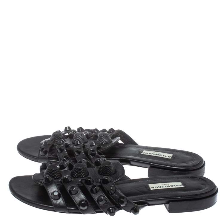 Pre Owned Balenciaga Black Leather Arena Studded Strappy Flats Size 37