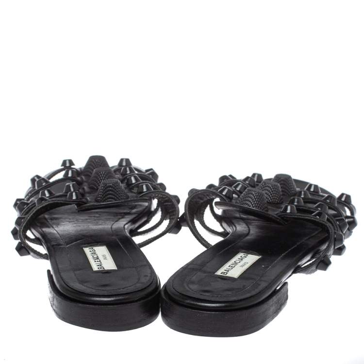 Pre Owned Balenciaga Black Leather Arena Studded Strappy Flats Size 37