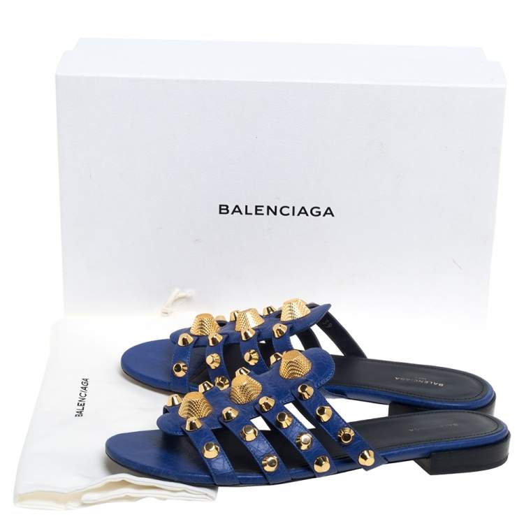 Pre Owned Balenciaga Blue Leather Arena Studded Strappy Flats Size 39 