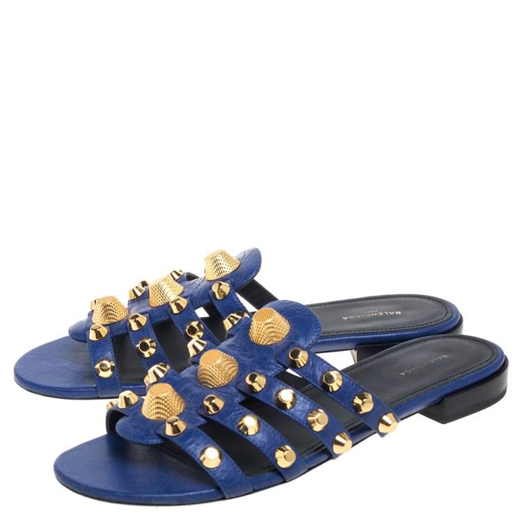 Pre Owned Balenciaga Blue Leather Arena Studded Strappy Flats Size 39 