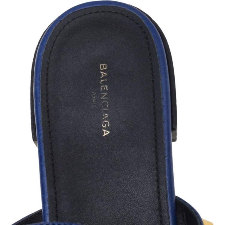 Pre Owned Balenciaga Blue Leather Arena Studded Strappy Flats Size 39 