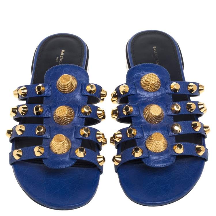 Pre Owned Balenciaga Blue Leather Arena Studded Strappy Flats Size 39 