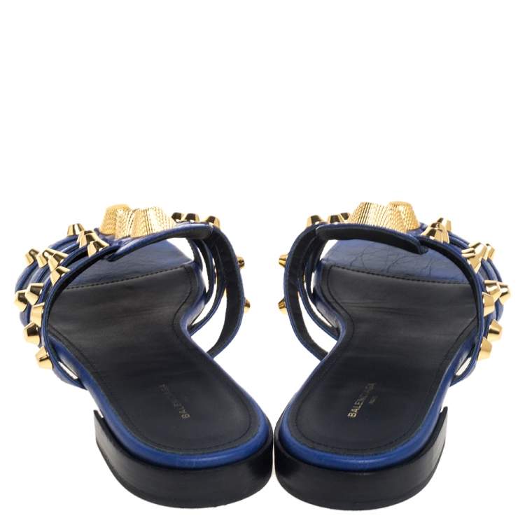 Pre Owned Balenciaga Blue Leather Arena Studded Strappy Flats Size 39 