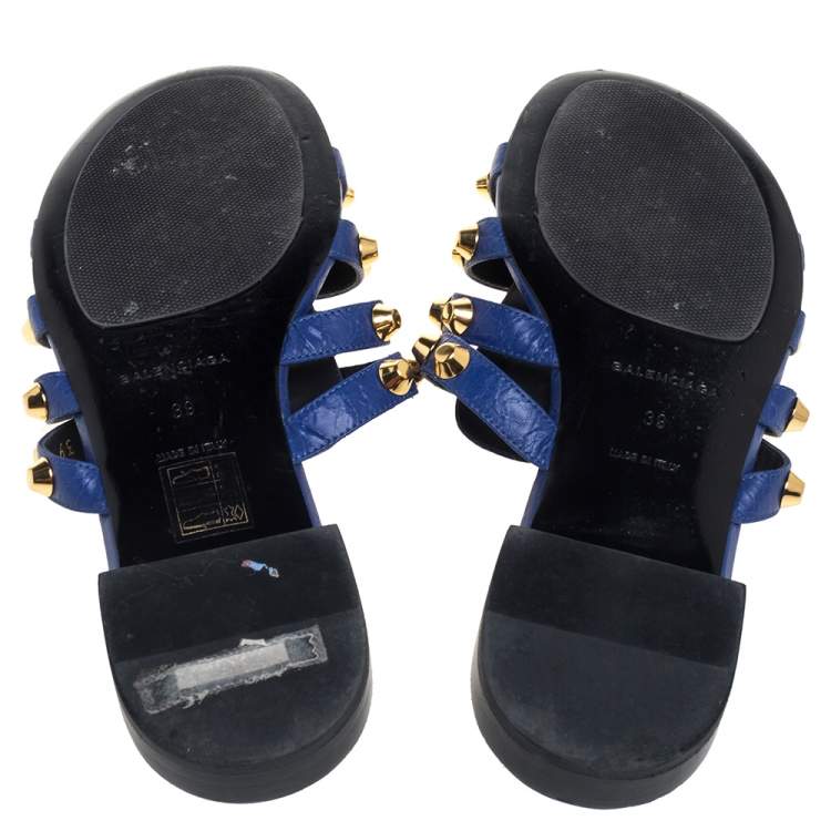 Pre Owned Balenciaga Blue Leather Arena Studded Strappy Flats Size 39 