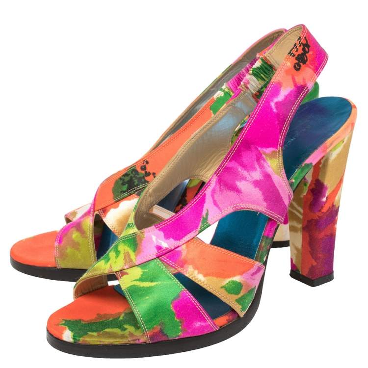 Pre Owned Balenciaga Multicolor Printed Satin Slingback Open Toe Sandals Size 39