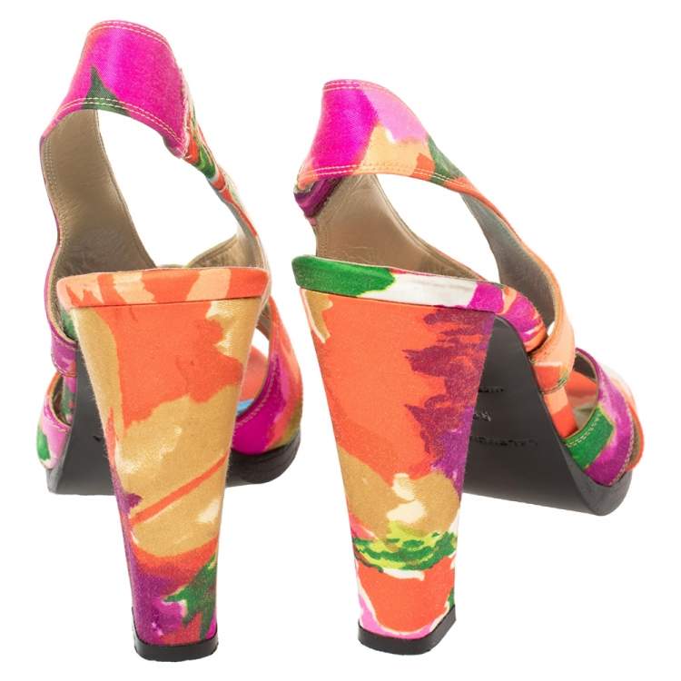 Pre Owned Balenciaga Multicolor Printed Satin Slingback Open Toe Sandals Size 39