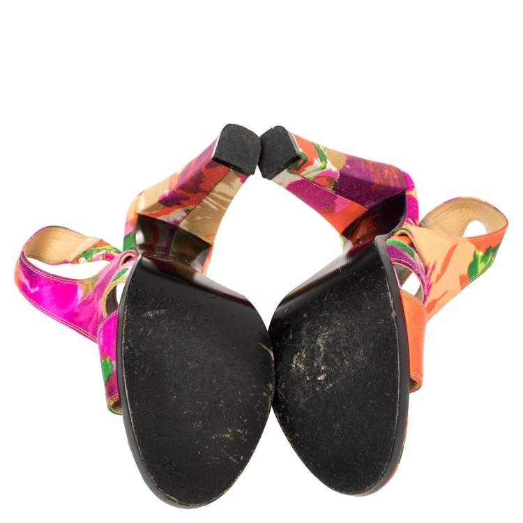 Pre Owned Balenciaga Multicolor Printed Satin Slingback Open Toe Sandals Size 39