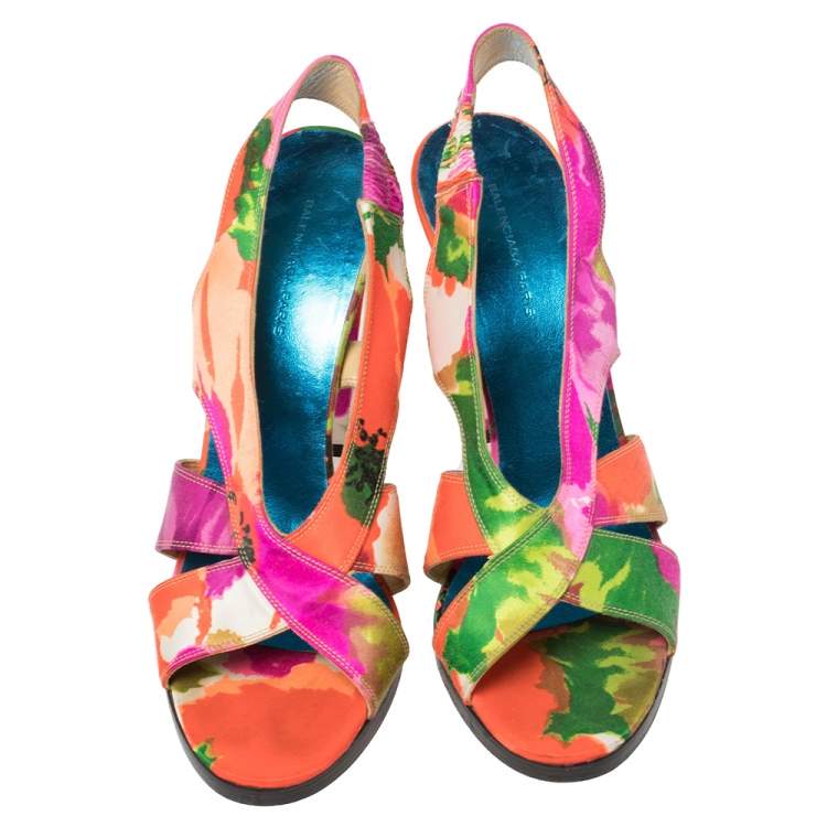 Pre Owned Balenciaga Multicolor Printed Satin Slingback Open Toe Sandals Size 39