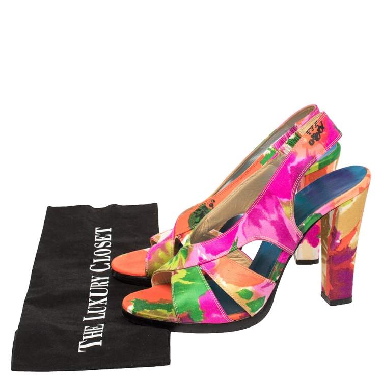 Pre Owned Balenciaga Multicolor Printed Satin Slingback Open Toe Sandals Size 39