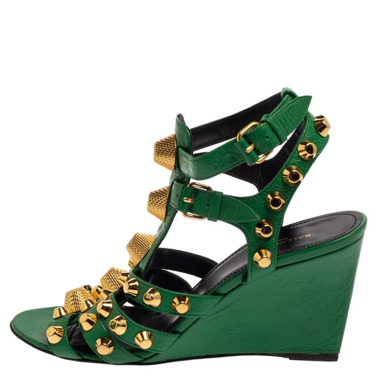 Balenciaga Green Leather Arena Studded Gladiator Wedge Sandals