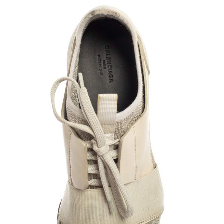Pre Owned Balenciaga Cream/Grey Leather and Fabric Race Runner Sneaker Size 39