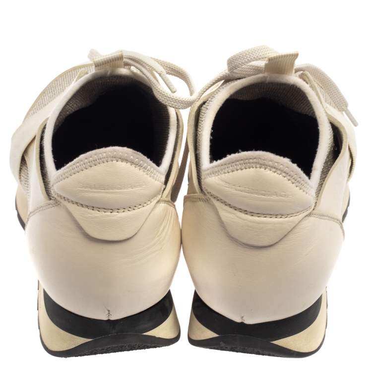 Pre Owned Balenciaga Cream/Grey Leather and Fabric Race Runner Sneaker Size 39