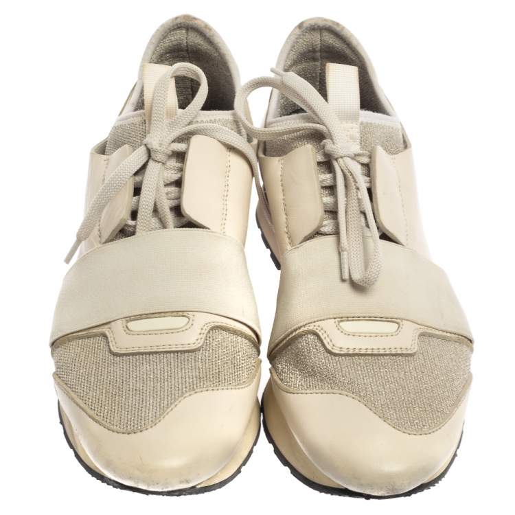 Pre Owned Balenciaga Cream/Grey Leather and Fabric Race Runner Sneaker Size 39