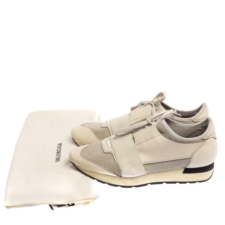 Pre Owned Balenciaga Cream/Grey Leather and Fabric Race Runner Sneaker Size 39