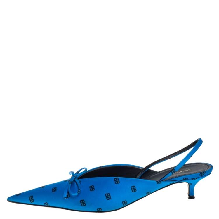Pre Owned Balenciaga Blue Satin Logo All Over Slingback Sandals Size 39