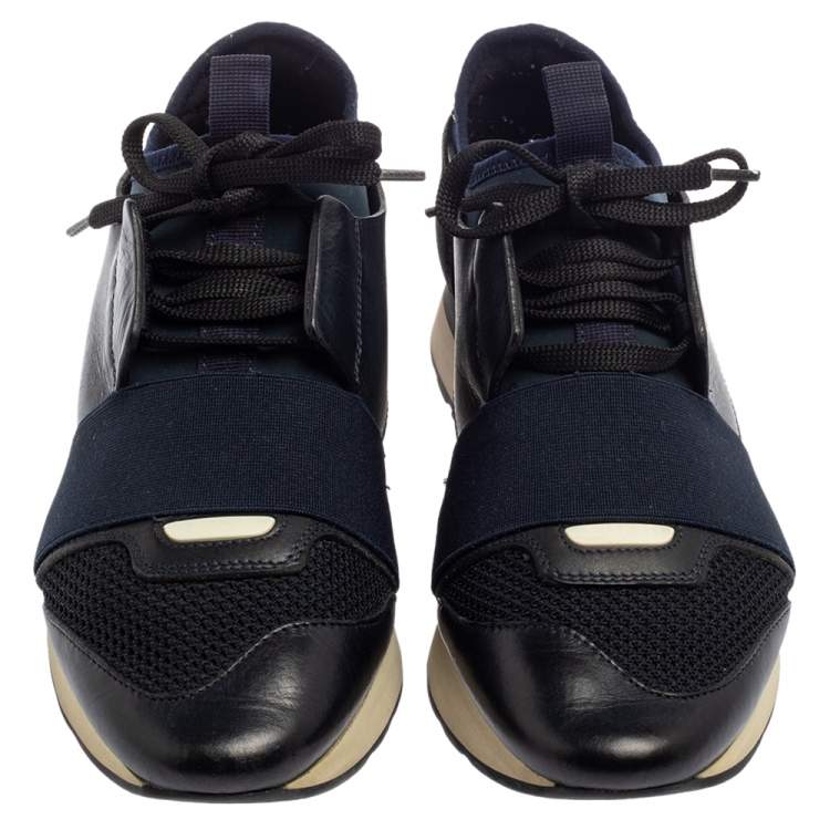 Pre Owned Balenciaga Blue/Black Mesh And Suede Leather Race Runner Low Top Sneakers Size 37