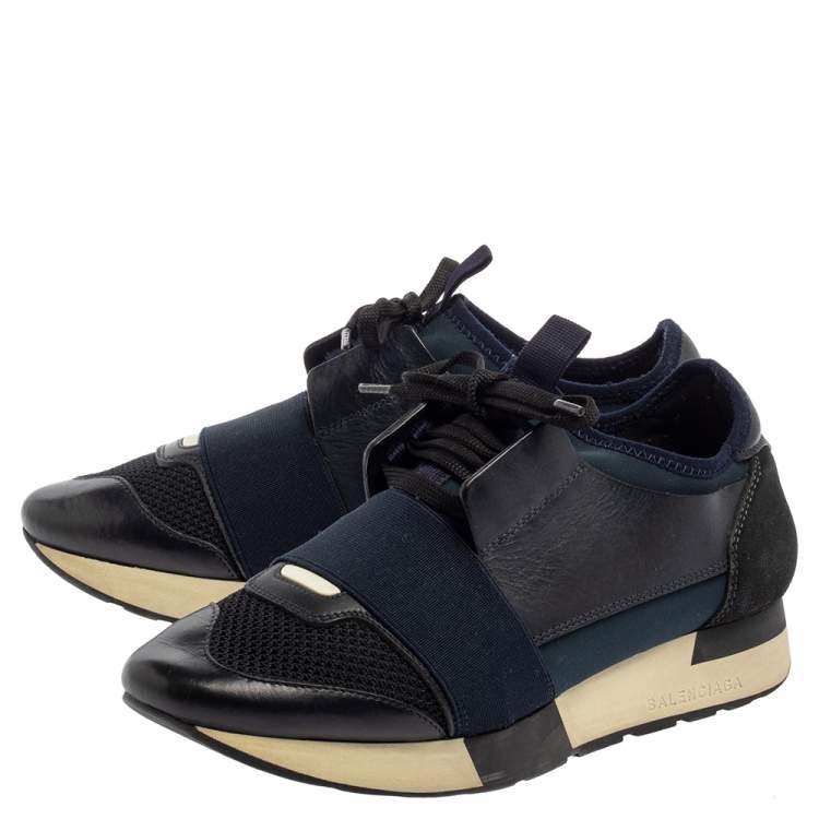 Pre Owned Balenciaga Blue/Black Mesh And Suede Leather Race Runner Low Top Sneakers Size 37