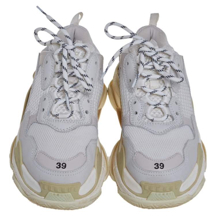 Pre Owned Balenciaga White/Grey Mesh And Leather Triple S Sneakers Size 39