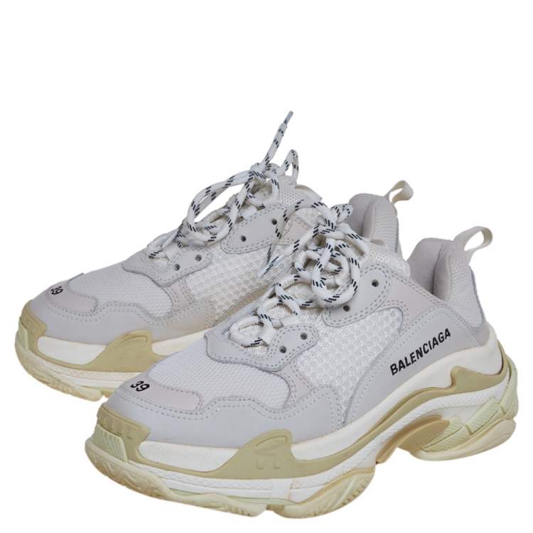 Pre Owned Balenciaga White/Grey Mesh And Leather Triple S Sneakers Size 39