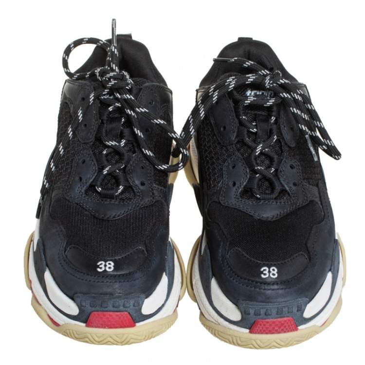 Pre Owned Balenciaga Black Leather And Mesh Triple S Clear  Sneakers Size 38
