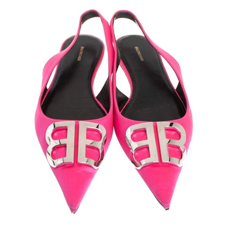 Pre Owned Balenciaga Pink Satin Knife Logo Embellished Flats Size 39