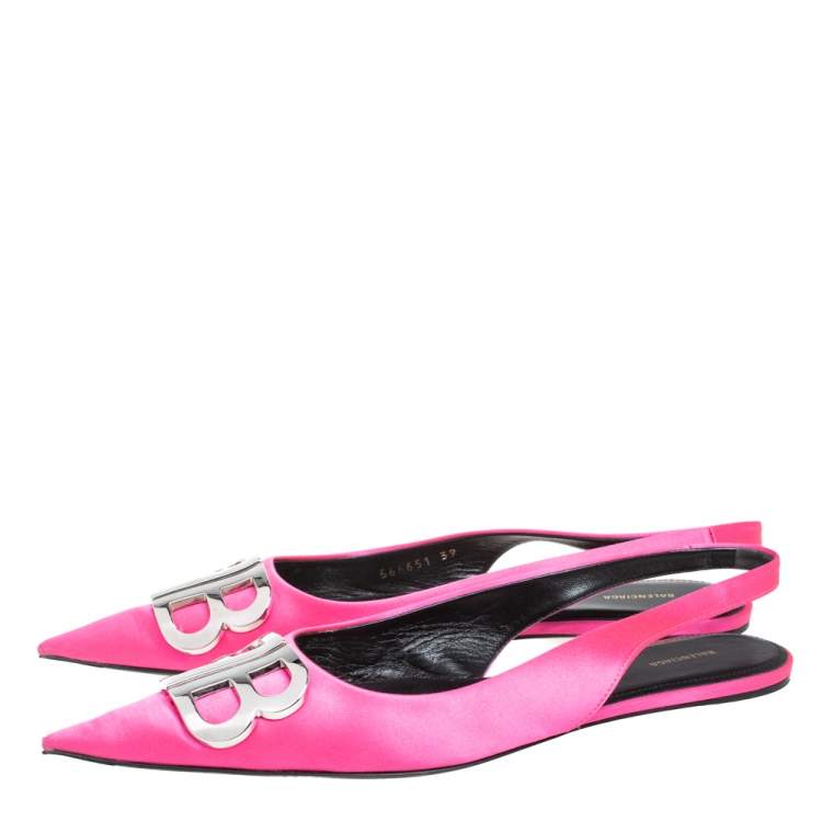 Pre Owned Balenciaga Pink Satin Knife Logo Embellished Flats Size 39