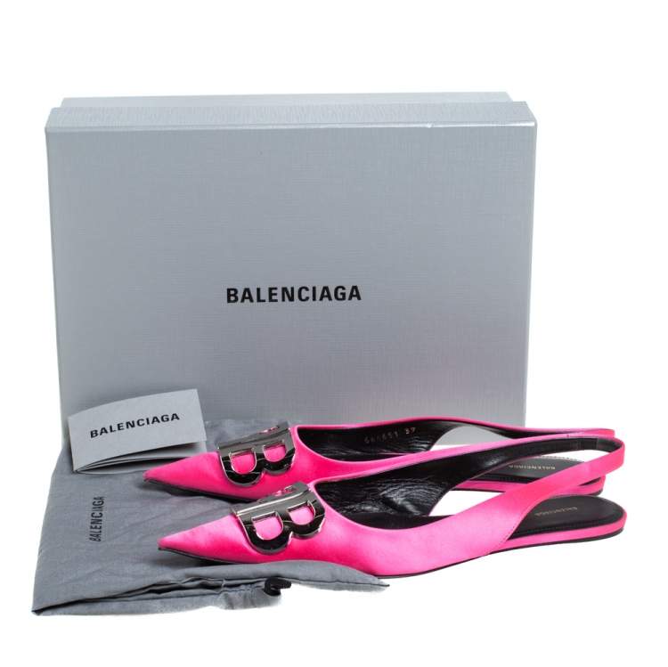 Pre Owned Balenciaga Pink Satin Knife Logo Embellished Flats Size 39