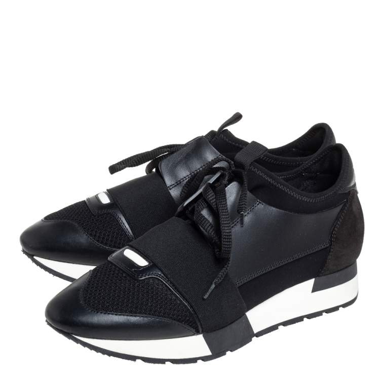 Pre Owned Balenciaga Black Mesh And Leather Race Runner Low Top Sneakers Size 38
