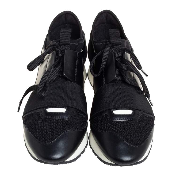 Pre Owned Balenciaga Black Mesh And Leather Race Runner Low Top Sneakers Size 38